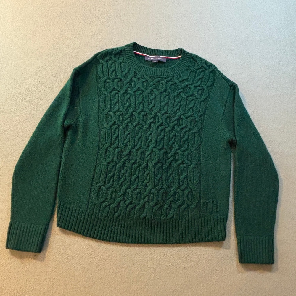 Tommy Hilfiger Cable Knit Sweater Mens S Green Crewneck TH Logo Preppy